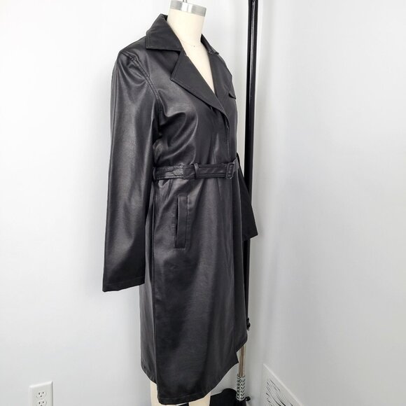 Vintage Y2K Urban Behavior Black Faux Leather Trench Coat Matrix Vibes - Picture 3 of 14
